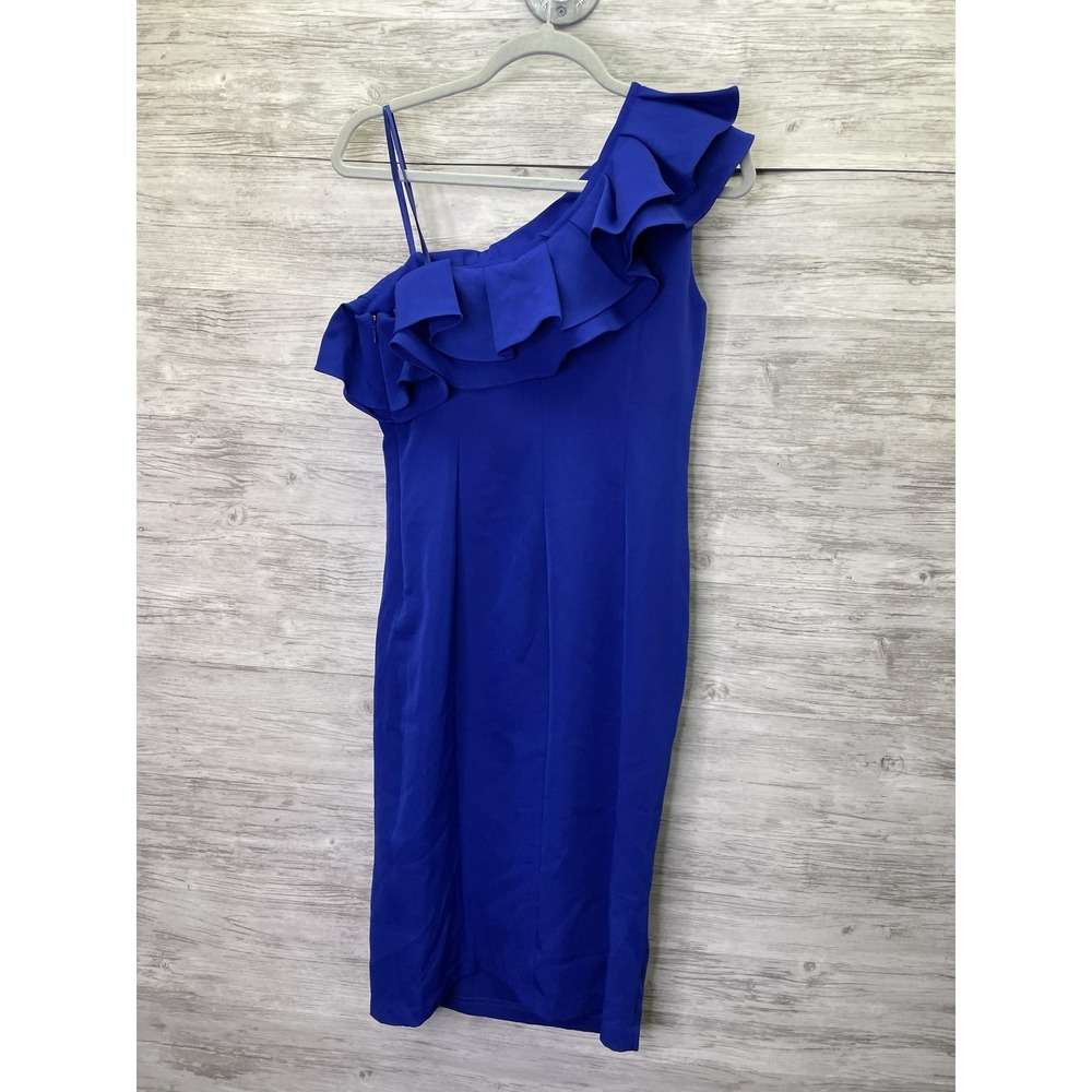 Marina Womens Blue Sheath One Shoulder Ruffle Midi Formal Cocktail Dress 4 - Picture 8 of 10